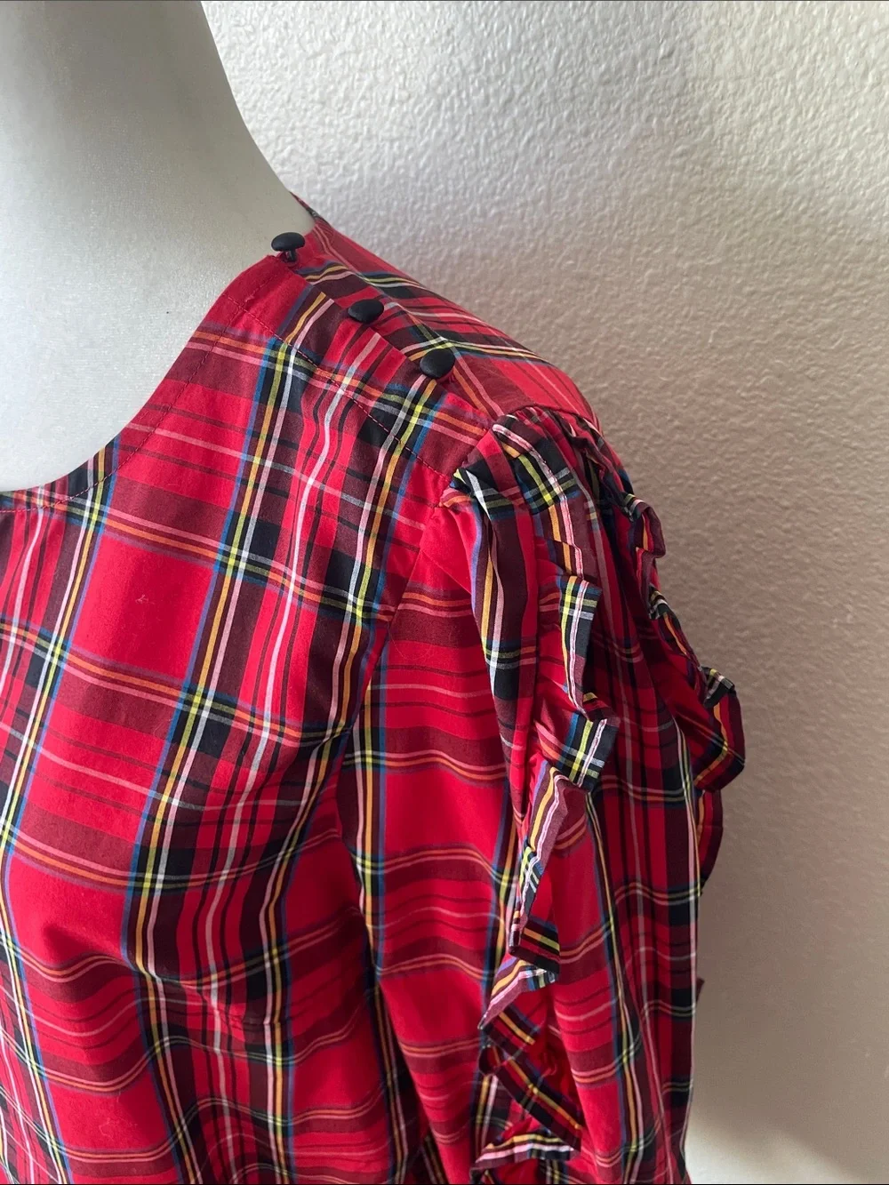 J.Crew Red Tartan Plaid Ruffle Sleeve Cotton Blouse Medium Holiday Preppy Top